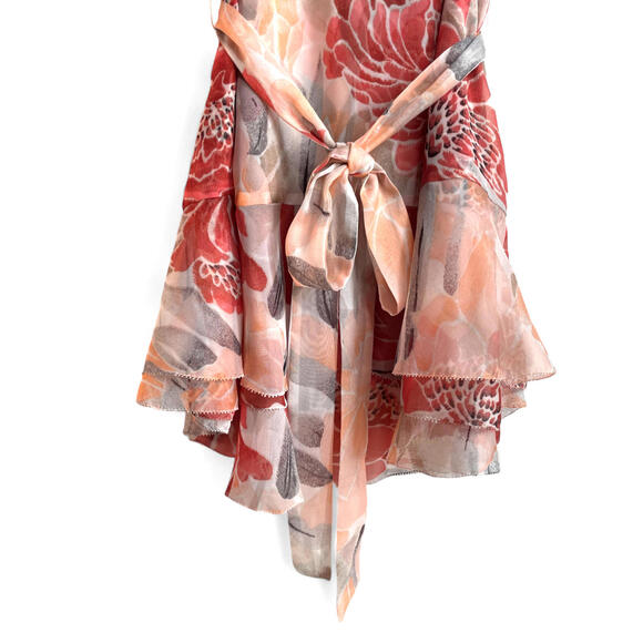 WHBM Sleeveless Floral Tie Waist Tunic Small Semi-Sheer Ruffle Salmon Pink Coral - Picture 5 of 9